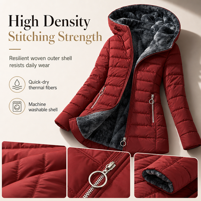 ❄️ Warm Without the Bulk | Women's Mid-Length Fleece-Lined Quilted Hooded Coat