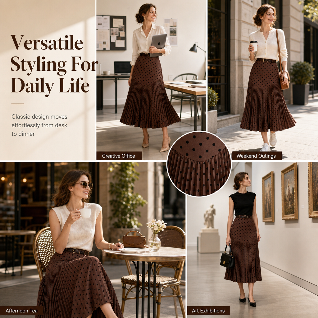 ✨ Grace in Every Step | Women’s High-Waist Polka Dot Pleated A-Line Skirt