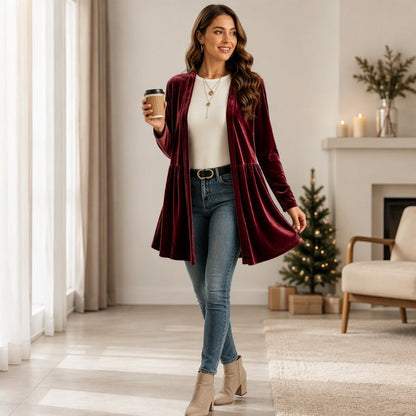 ✨ Luxe Everyday Layering | Women's Velvet Open-Front Peplum Cardigan