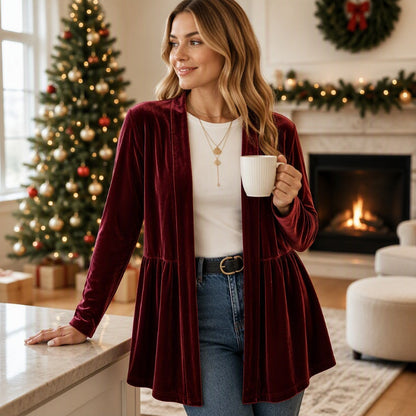 ✨ Luxe Everyday Layering | Women's Velvet Open-Front Peplum Cardigan