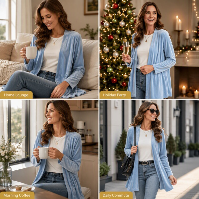 ✨ Luxe Everyday Layering | Women's Velvet Open-Front Peplum Cardigan