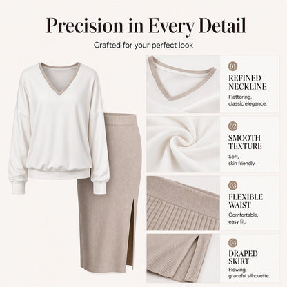 ✨ Effortless 2-Piece Elegance | Women's V-Neck Long-Sleeve Top & Ribbed Skirt Set