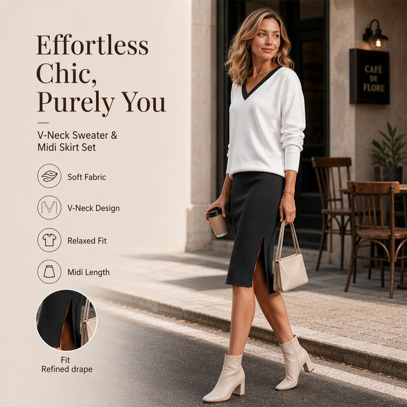 ✨ Effortless 2-Piece Elegance | Women's V-Neck Long-Sleeve Top & Ribbed Skirt Set