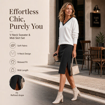 ✨ Effortless 2-Piece Elegance | Women's V-Neck Long-Sleeve Top & Ribbed Skirt Set