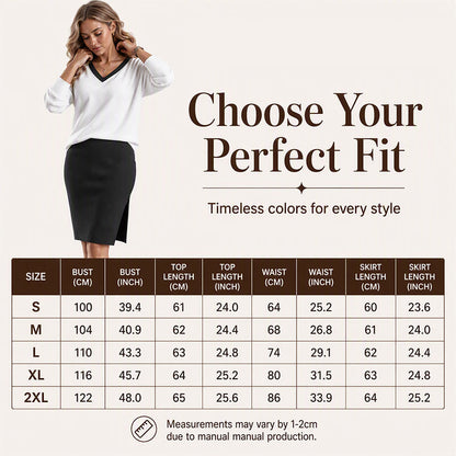 ✨ Effortless 2-Piece Elegance | Women's V-Neck Long-Sleeve Top & Ribbed Skirt Set