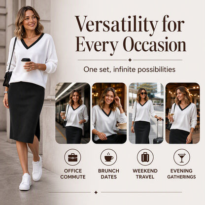✨ Effortless 2-Piece Elegance | Women's V-Neck Long-Sleeve Top & Ribbed Skirt Set