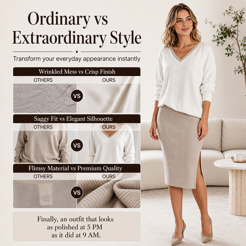✨ Effortless 2-Piece Elegance | Women's V-Neck Long-Sleeve Top & Ribbed Skirt Set