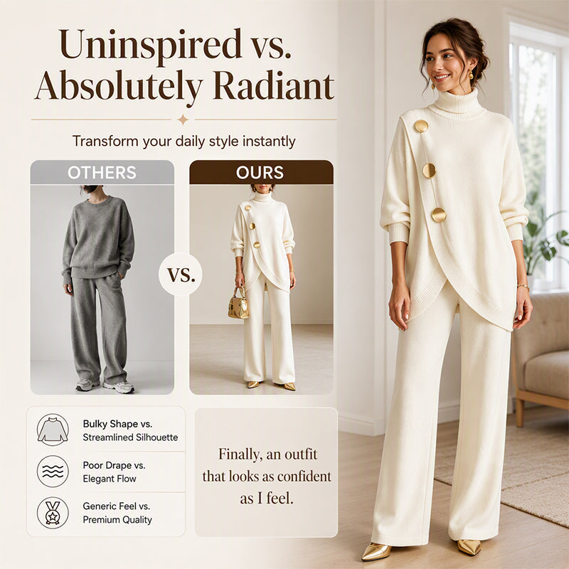 🧶 Effortless Knit Elegance | Women's Turtleneck Sweater & Wide-Leg Pants 2-Piece Set