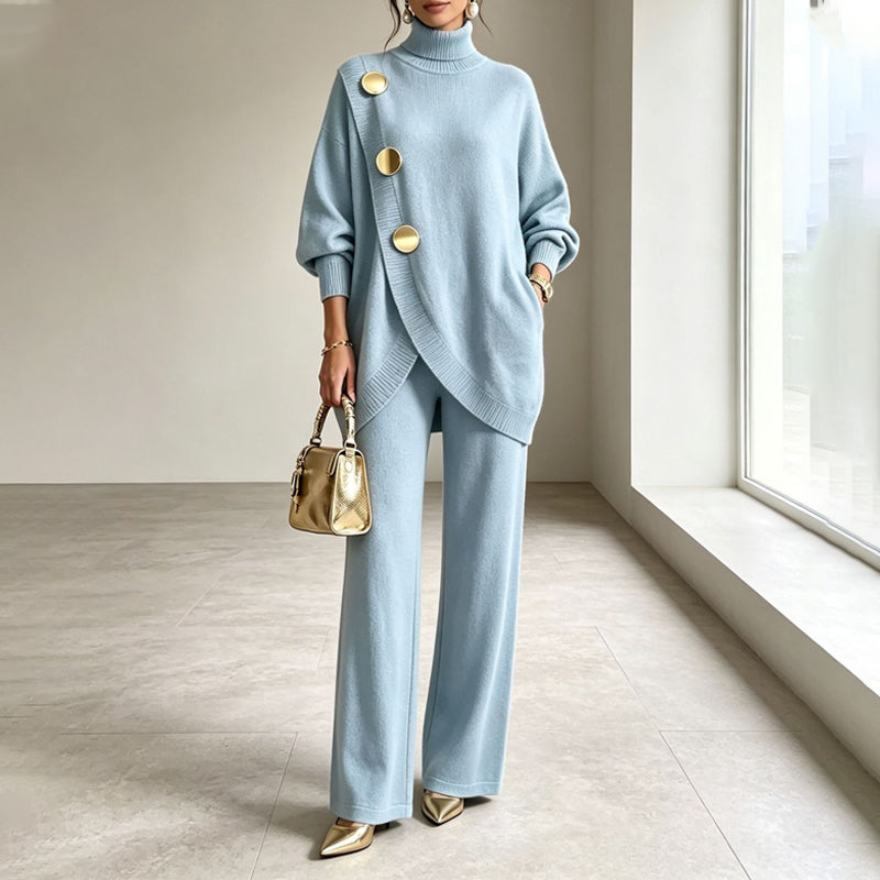 🧶 Effortless Knit Elegance | Women's Turtleneck Sweater & Wide-Leg Pants 2-Piece Set