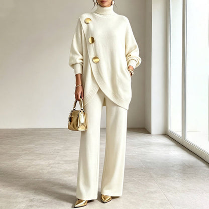 🧶 Effortless Knit Elegance | Women's Turtleneck Sweater & Wide-Leg Pants 2-Piece Set