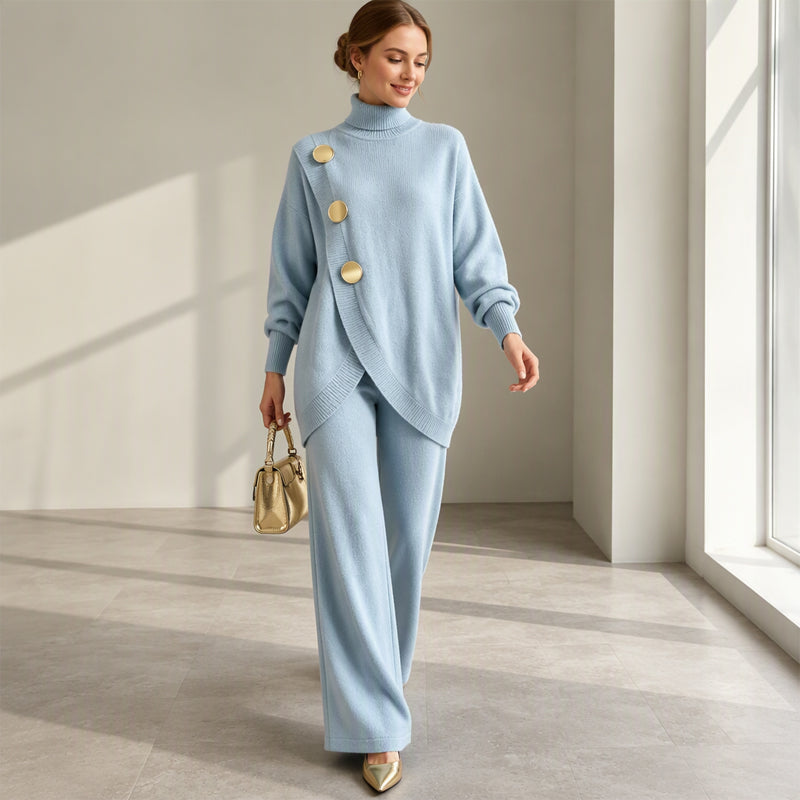 🧶 Effortless Knit Elegance | Women's Turtleneck Sweater & Wide-Leg Pants 2-Piece Set