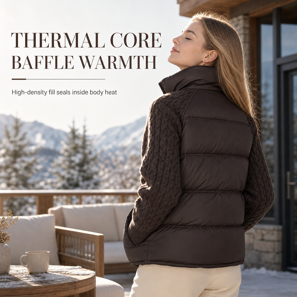 ✨ Cozy Without the Bulk | Women’s Cable Knit Sleeve Quilted Puffer Jacket