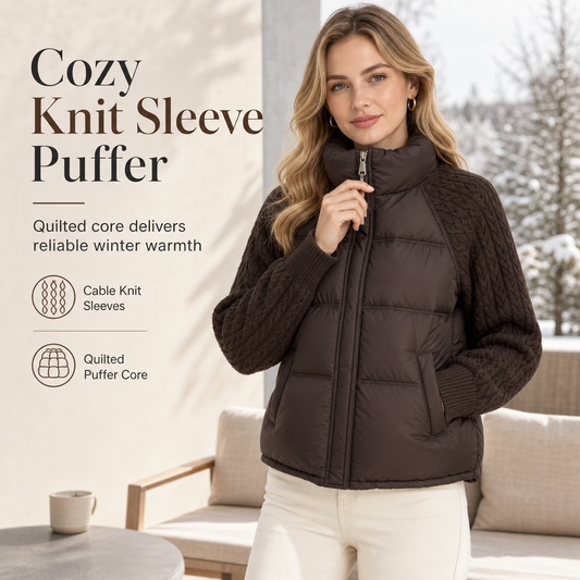 ✨ Cozy Without the Bulk | Women’s Cable Knit Sleeve Quilted Puffer Jacket