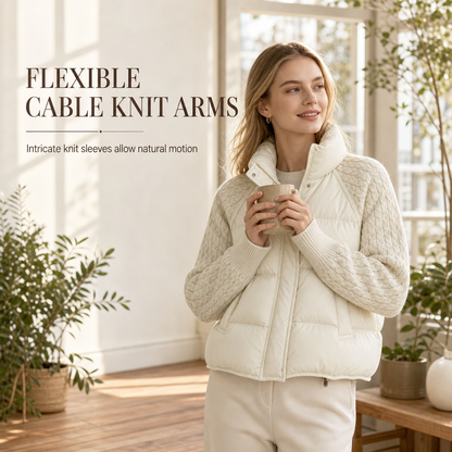 ✨ Cozy Without the Bulk | Women’s Cable Knit Sleeve Quilted Puffer Jacket