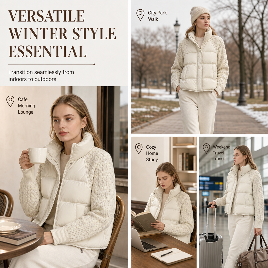 ✨ Cozy Without the Bulk | Women’s Cable Knit Sleeve Quilted Puffer Jacket