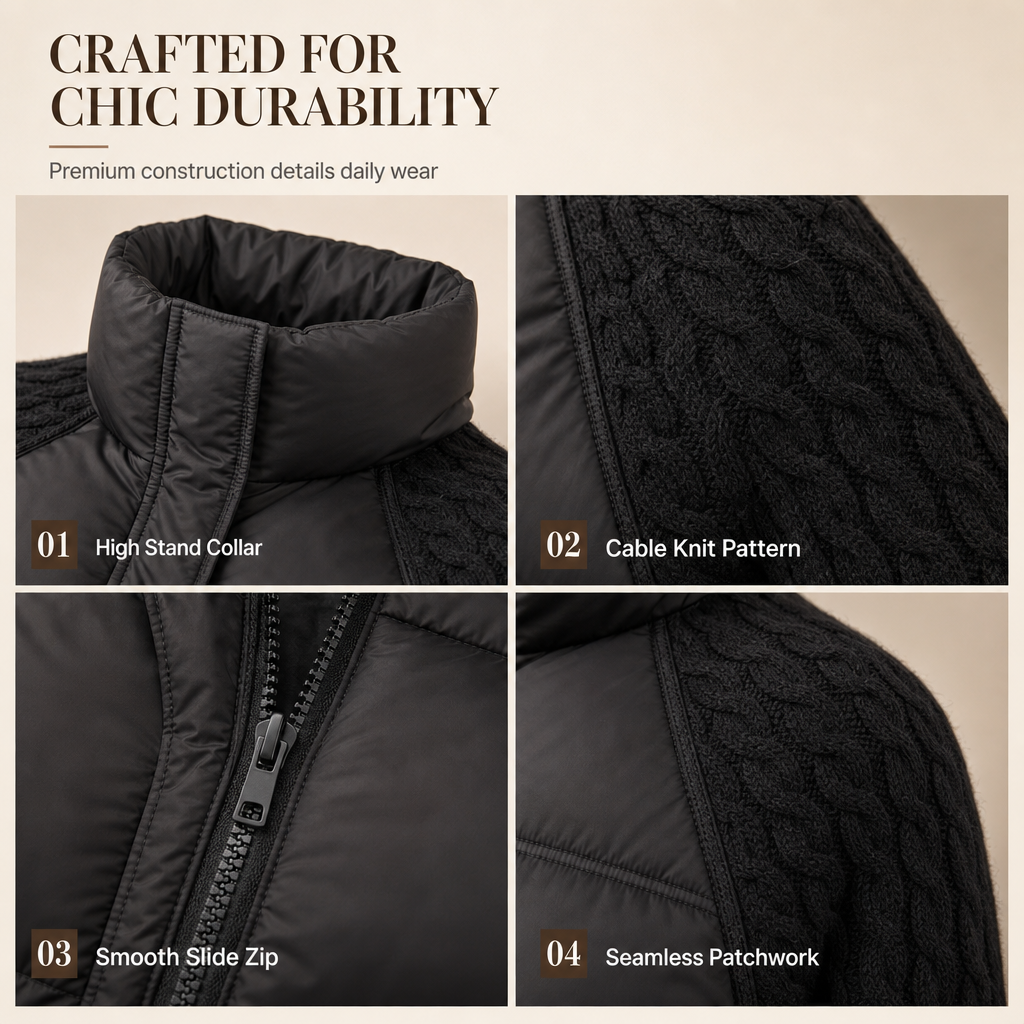 ✨ Cozy Without the Bulk | Women’s Cable Knit Sleeve Quilted Puffer Jacket