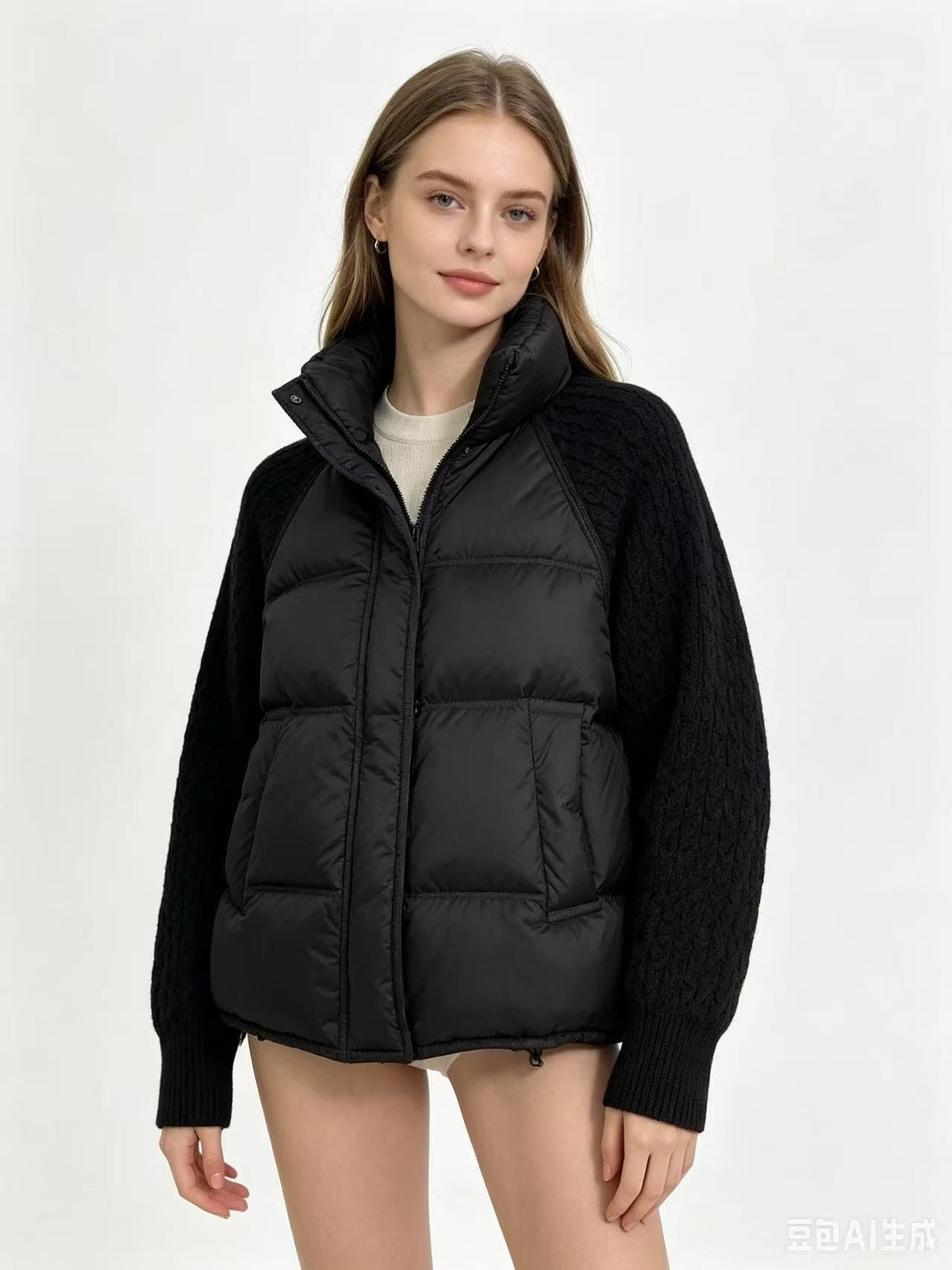 ✨ Cozy Without the Bulk | Women’s Cable Knit Sleeve Quilted Puffer Jacket