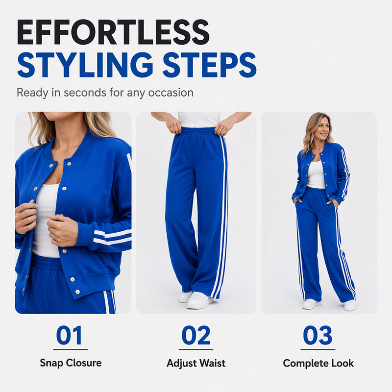 ✨ Sporty Meets Polished | Women’s Contrast-Stripe Wide-Leg 2-Piece Set