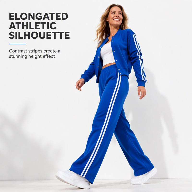 ✨ Sporty Meets Polished | Women’s Contrast-Stripe Wide-Leg 2-Piece Set