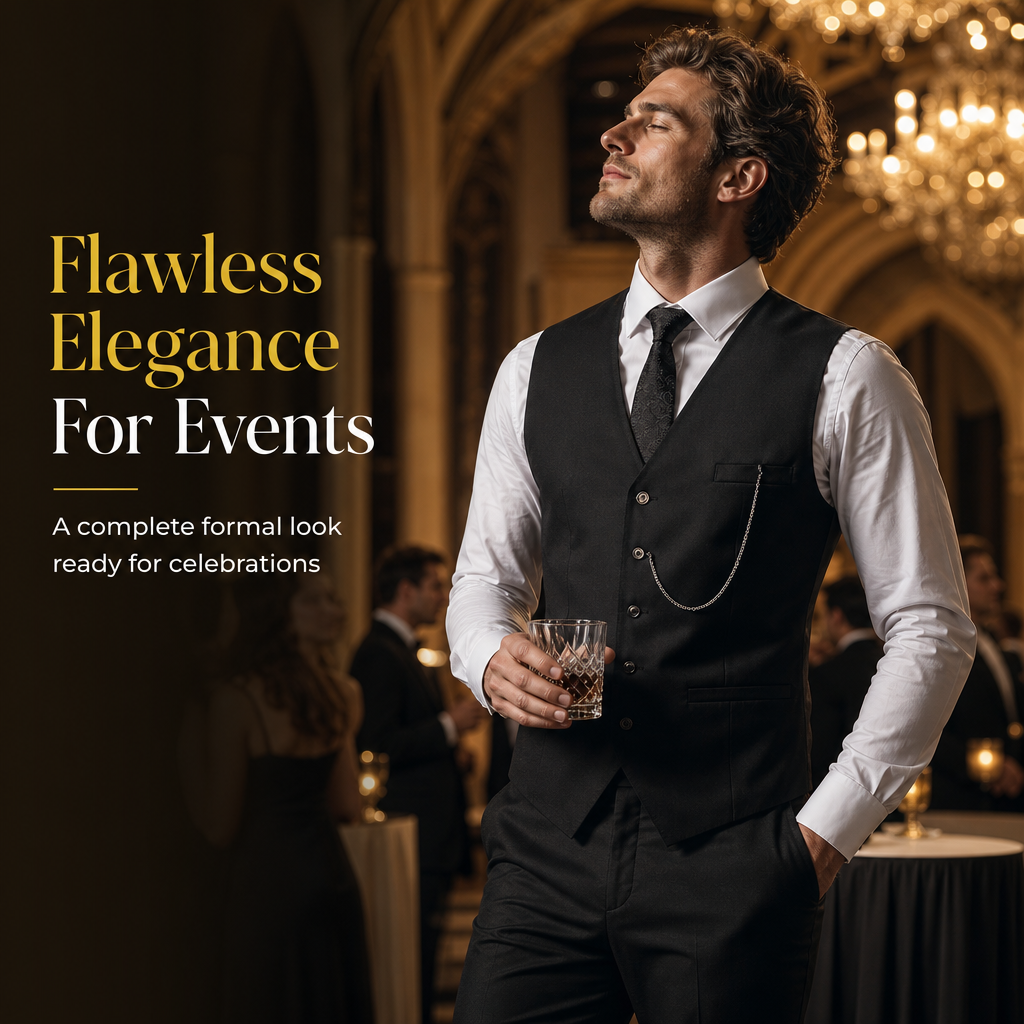 ✨ Refined from Head to Toe | Men’s Slim-Fit 3-Piece Formal Set with Pocket Chain Detail