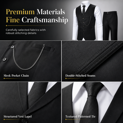 ✨ Refined from Head to Toe | Men’s Slim-Fit 3-Piece Formal Set with Pocket Chain Detail