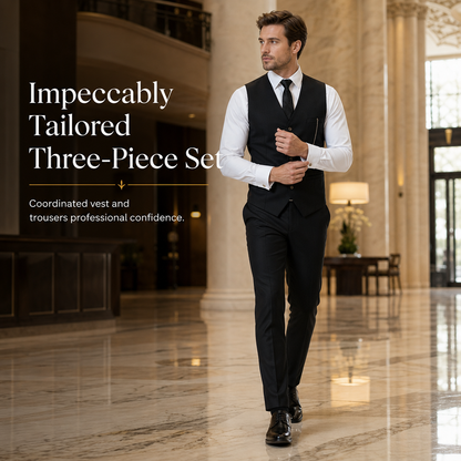 ✨ Refined from Head to Toe | Men’s Slim-Fit 3-Piece Formal Set with Pocket Chain Detail