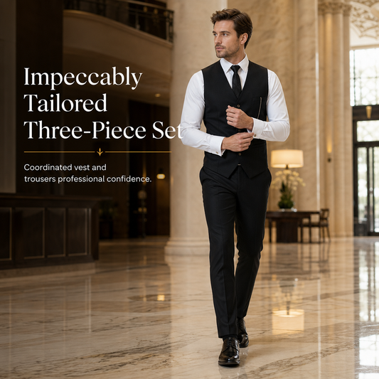 ✨ Refined from Head to Toe | Men’s Slim-Fit 3-Piece Formal Set with Pocket Chain Detail