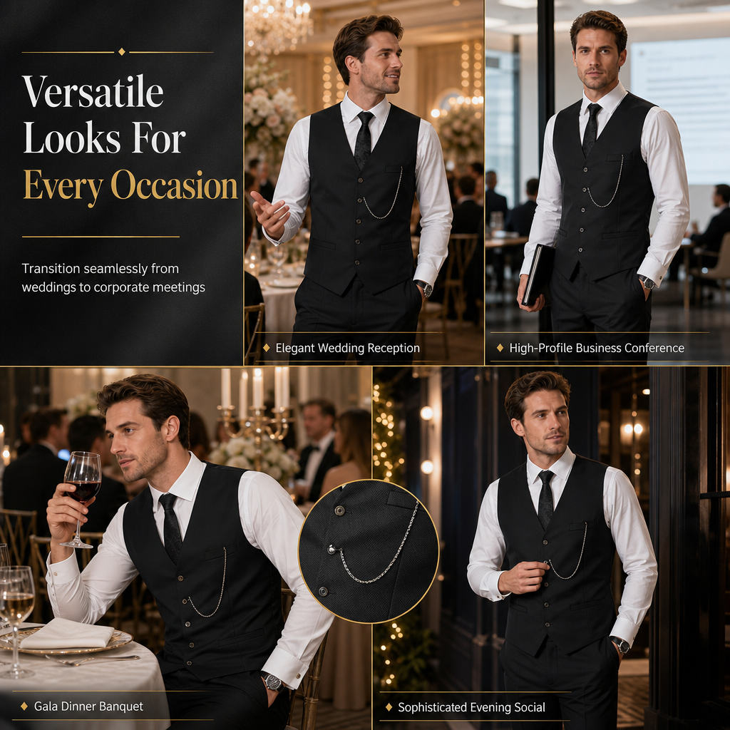 ✨ Refined from Head to Toe | Men’s Slim-Fit 3-Piece Formal Set with Pocket Chain Detail