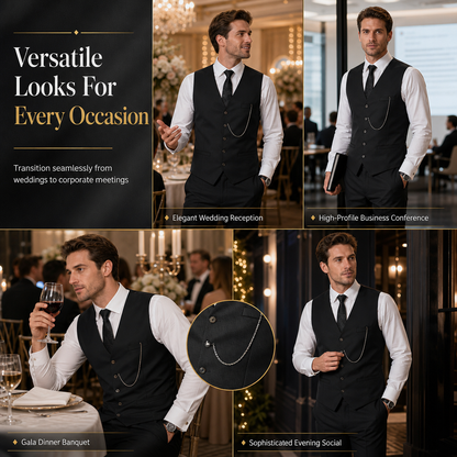 ✨ Refined from Head to Toe | Men’s Slim-Fit 3-Piece Formal Set with Pocket Chain Detail