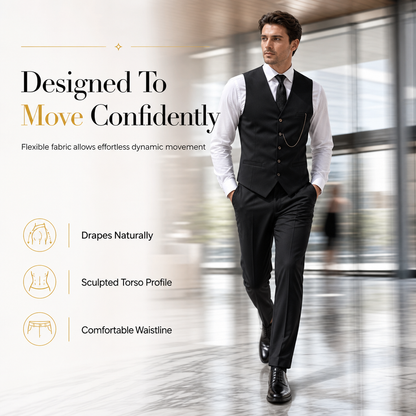 ✨ Refined from Head to Toe | Men’s Slim-Fit 3-Piece Formal Set with Pocket Chain Detail