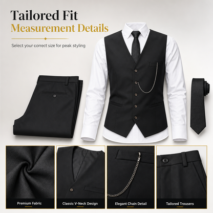 ✨ Refined from Head to Toe | Men’s Slim-Fit 3-Piece Formal Set with Pocket Chain Detail