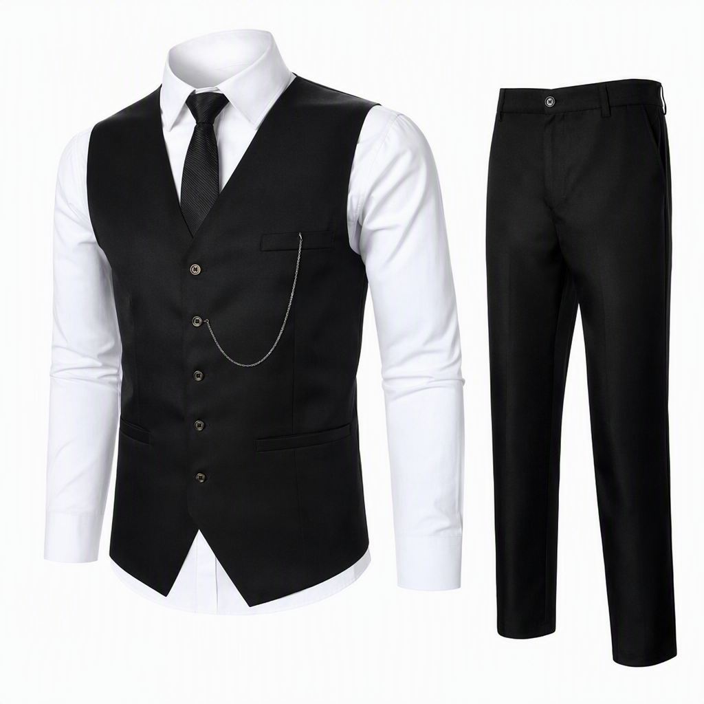✨ Refined from Head to Toe | Men’s Slim-Fit 3-Piece Formal Set with Pocket Chain Detail