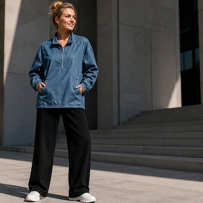 ✨ Relaxed by Design | Women’s Washed Denim Half-Zip Oversized Jacket
