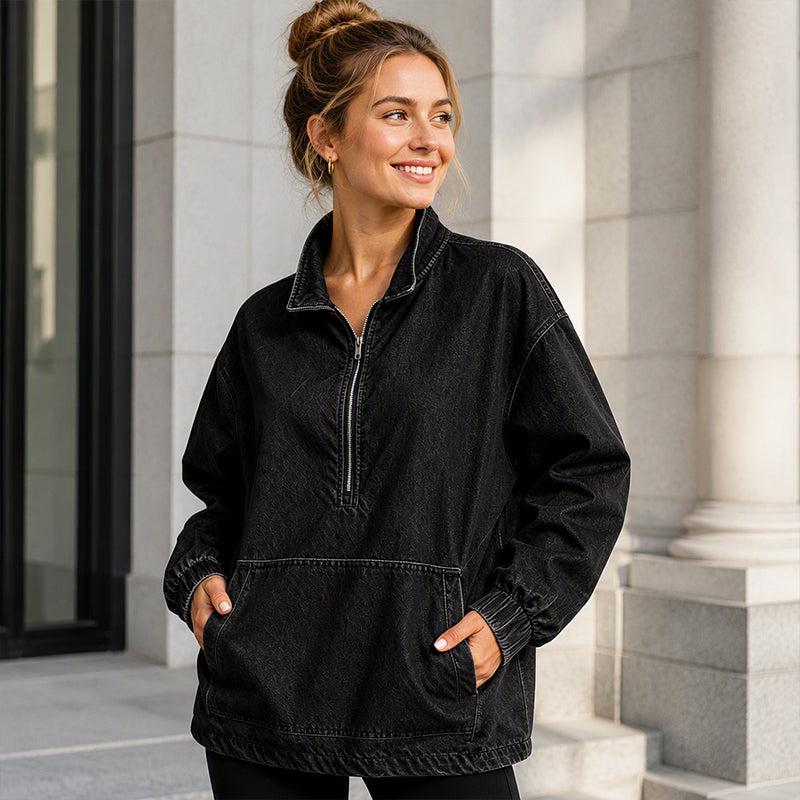 ✨ Relaxed by Design | Women’s Washed Denim Half-Zip Oversized Jacket