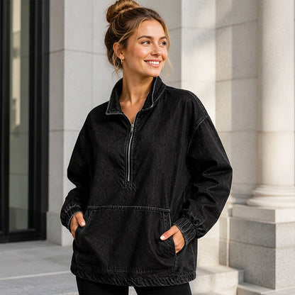 ✨ Relaxed by Design | Women’s Washed Denim Half-Zip Oversized Jacket