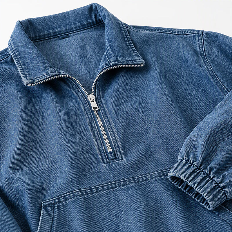 ✨ Relaxed by Design | Women’s Washed Denim Half-Zip Oversized Jacket