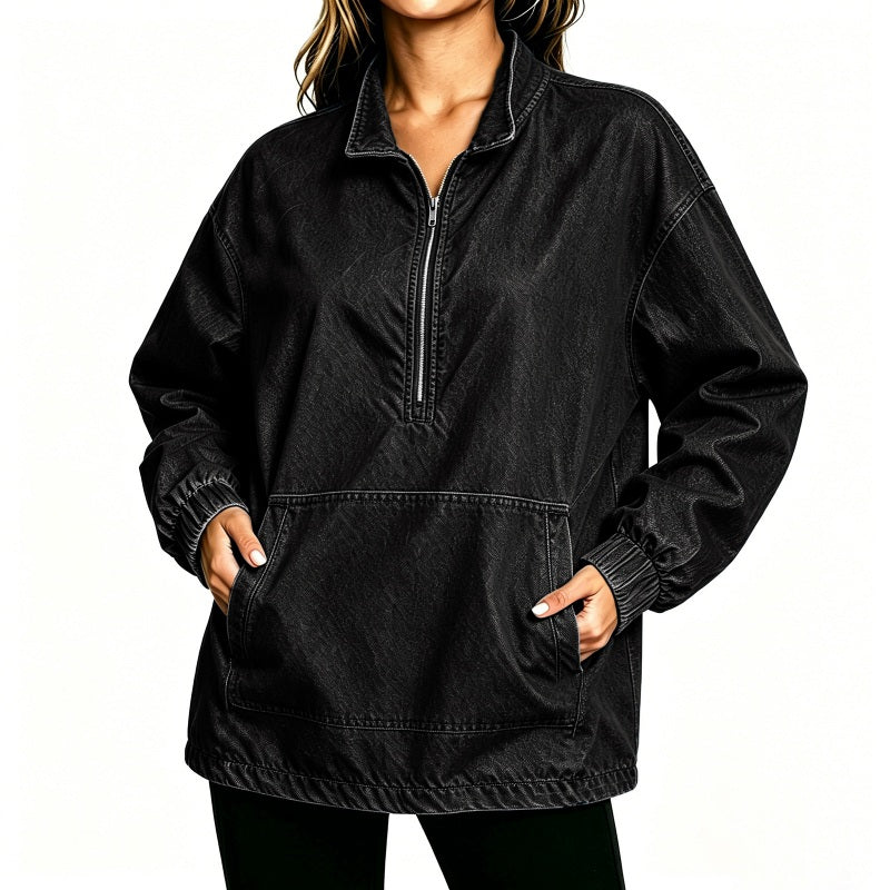 ✨ Relaxed by Design | Women’s Washed Denim Half-Zip Oversized Jacket