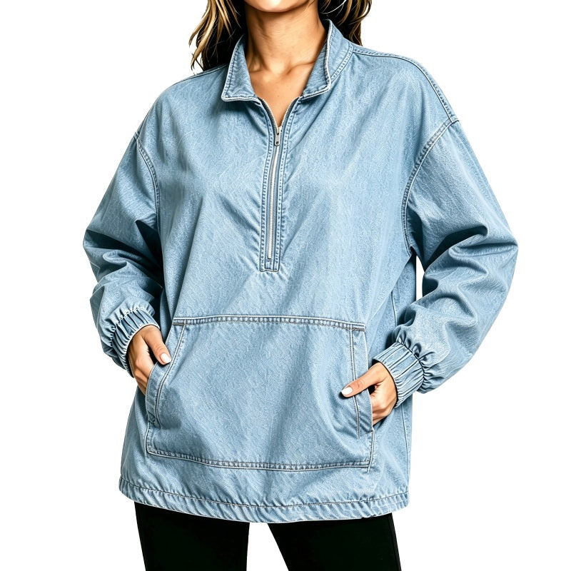 ✨ Relaxed by Design | Women’s Washed Denim Half-Zip Oversized Jacket