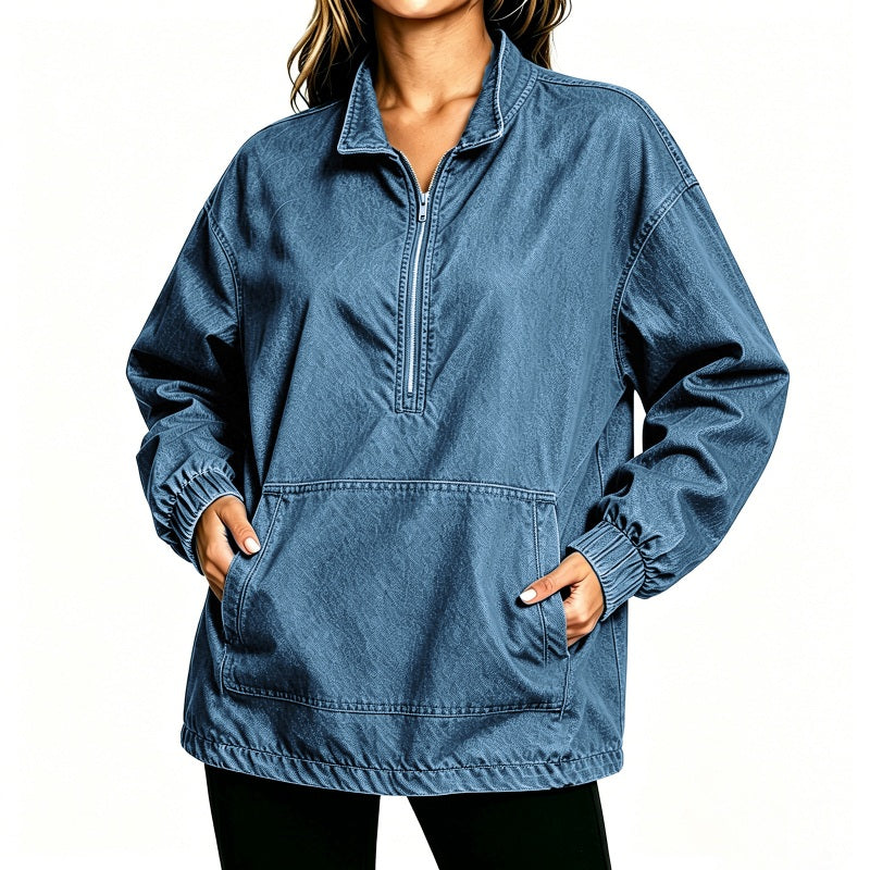 ✨ Relaxed by Design | Women’s Washed Denim Half-Zip Oversized Jacket