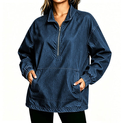 ✨ Relaxed by Design | Women’s Washed Denim Half-Zip Oversized Jacket