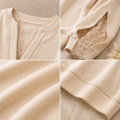 ✨ Feminine Detail | Women’s V-Neck Lace Insert Top with Slit Sleeves