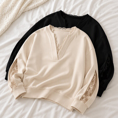 ✨ Feminine Detail | Women’s V-Neck Lace Insert Top with Slit Sleeves