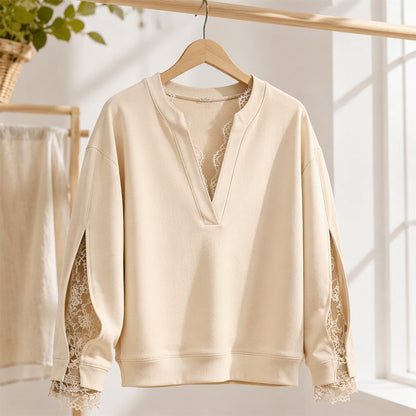 ✨ Feminine Detail | Women’s V-Neck Lace Insert Top with Slit Sleeves
