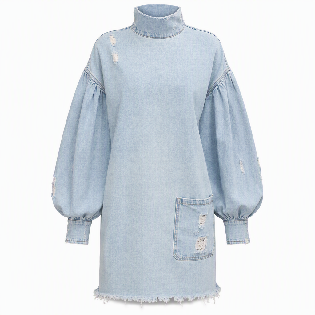 👖 Denim with Drama | Women’s Frayed Mock-Neck Denim Mini Dress with Lantern Sleeves