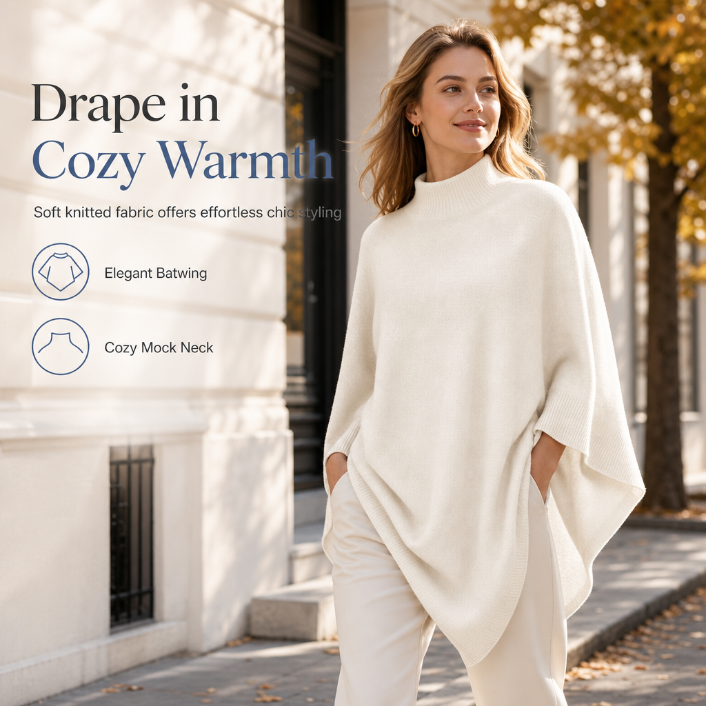 ✨ Effortless Draped Elegance | Women’s Mock-Neck Batwing Knit Shawl Wrap