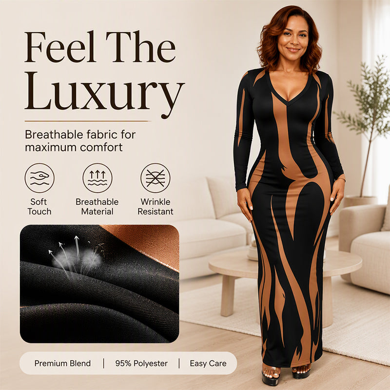 ✨ Statement Print | Women’s Long-Sleeve Bodycon Maxi Dress