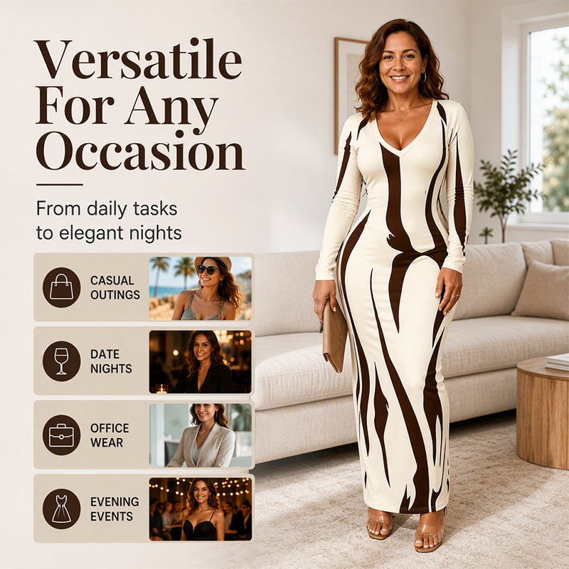 ✨ Statement Print | Women’s Long-Sleeve Bodycon Maxi Dress