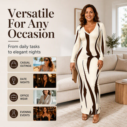 ✨ Statement Print | Women’s Long-Sleeve Bodycon Maxi Dress