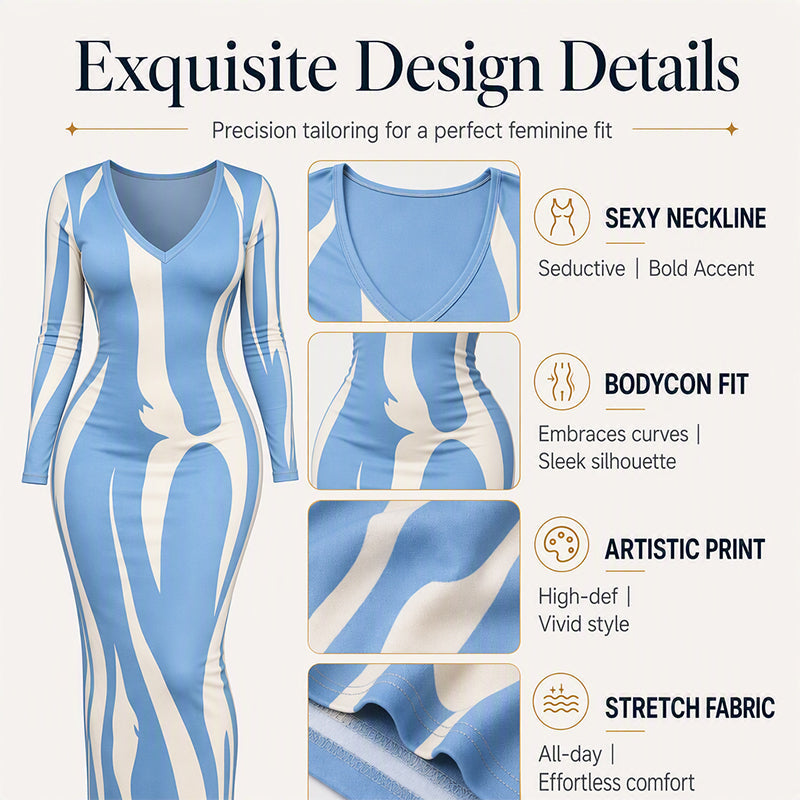 ✨ Statement Print | Women’s Long-Sleeve Bodycon Maxi Dress