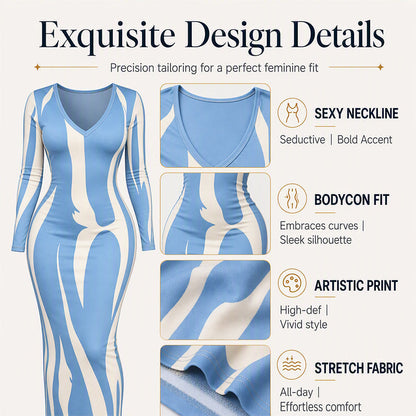 ✨ Statement Print | Women’s Long-Sleeve Bodycon Maxi Dress